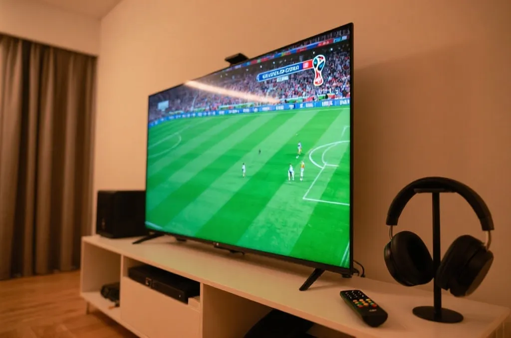 大屏电视展示世界杯比赛，旁边有耳机和遥控器，体现沉浸式观赛环境